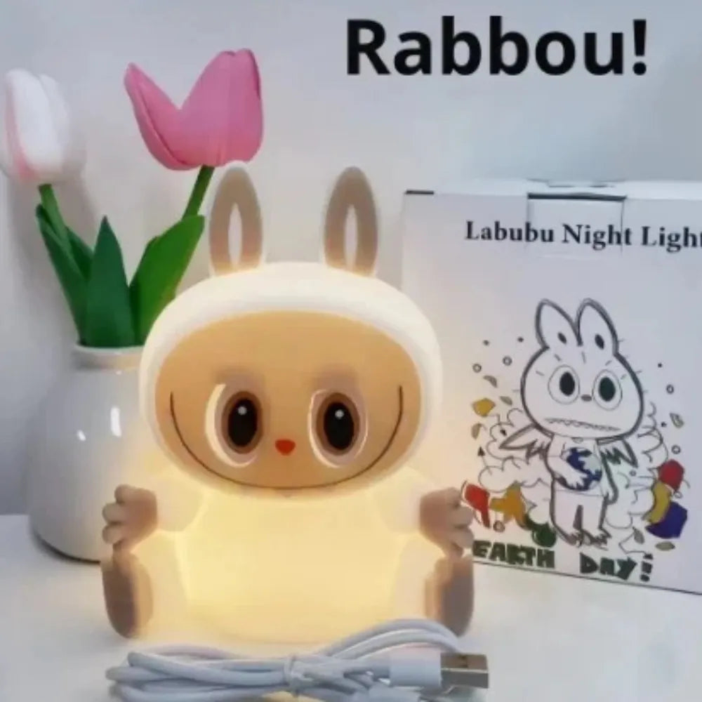 Cute Silicone LED Night Light Labubu, USB Rechargeable, Touch Control, Soft Ambient Lamp for Kids & Bedroom - Beige