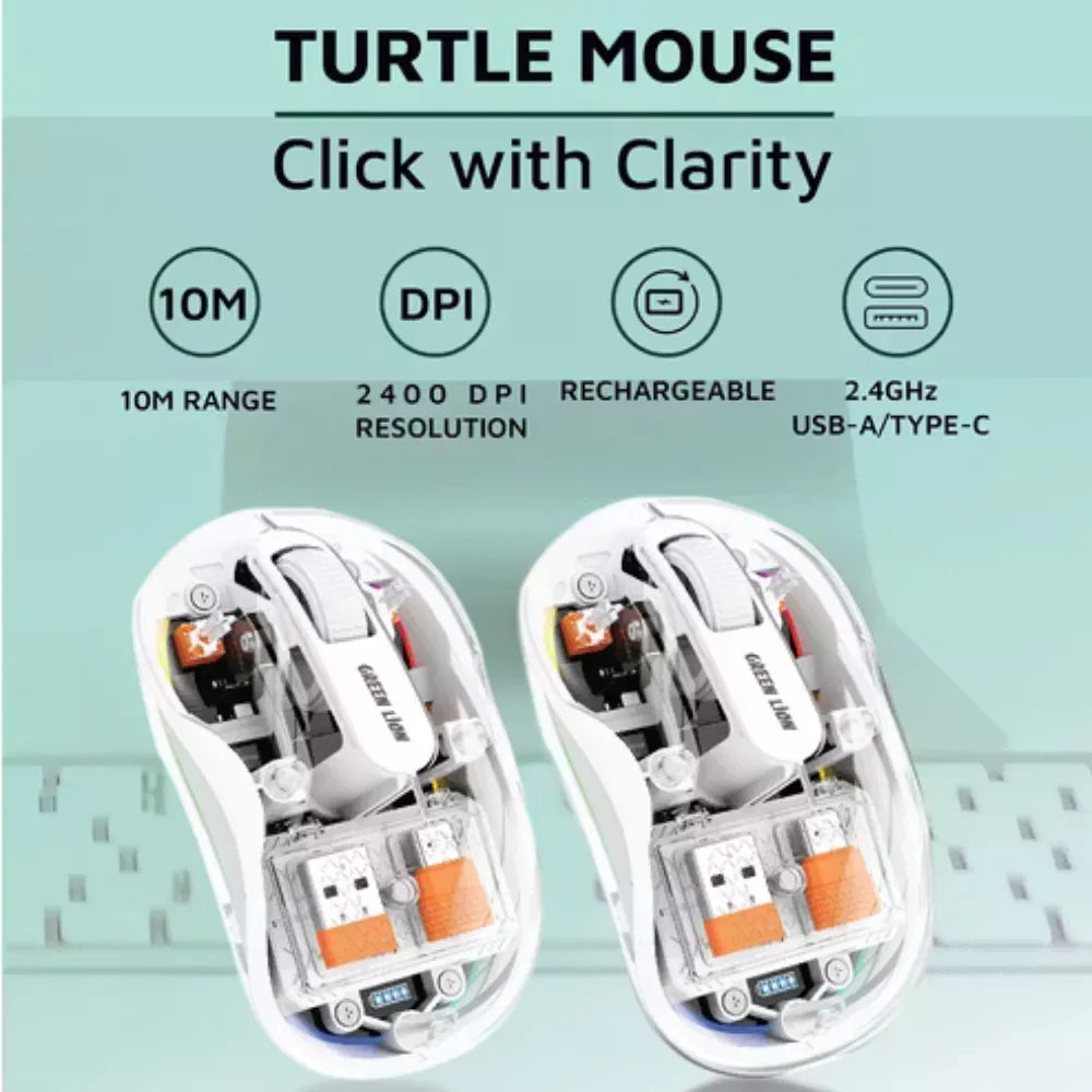 Green Lion Wireless Turtle Mouse, Multi-Device Connection, 2400DPI Adjustable, Transparent Design, 400mAh Battery