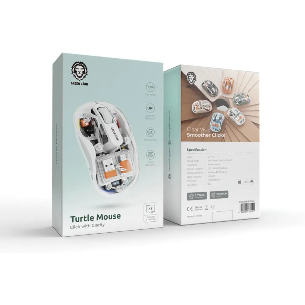 Green Lion Wireless Turtle Mouse, Multi-Device Connection, 2400DPI Adjustable, Transparent Design, 400mAh Battery