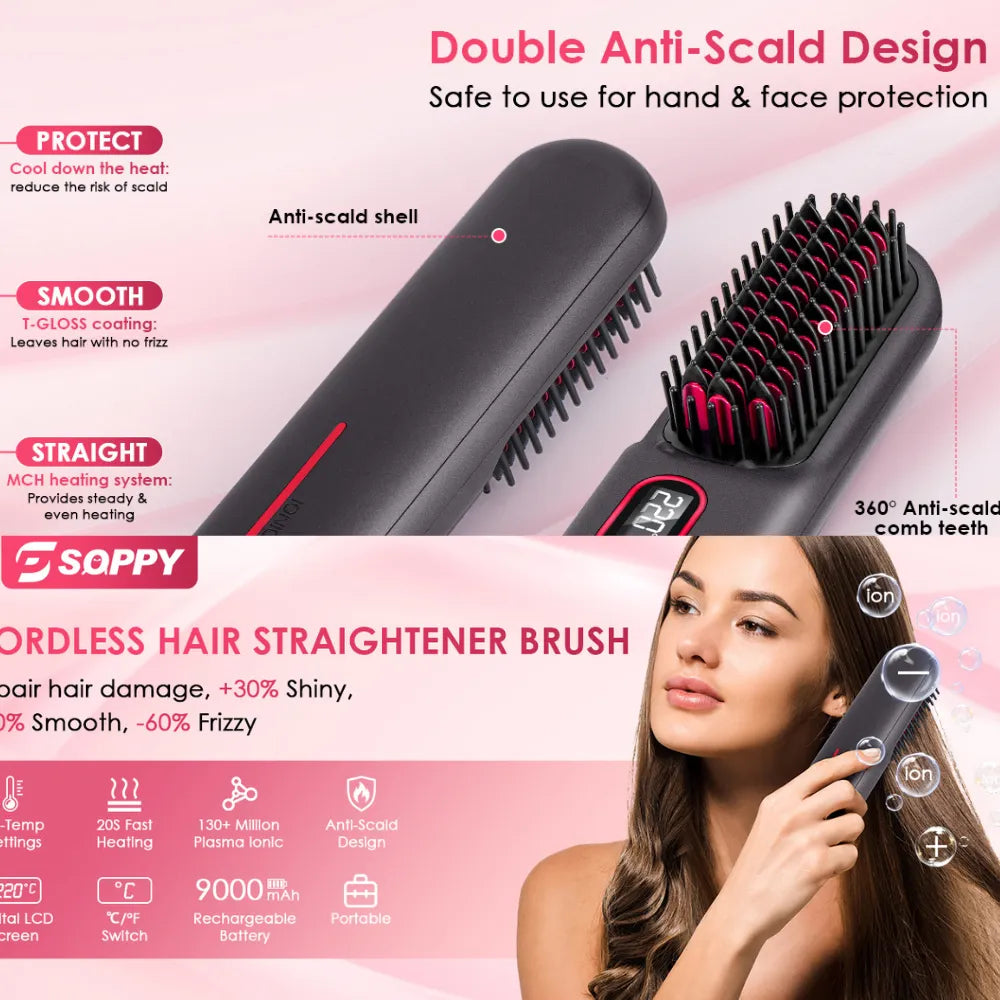 Portable Cordless Hair Straightener Brush, Plasma Ion Care, 25s Fast Heat, 11 Temp Settings, 9000mAh Rechargeable