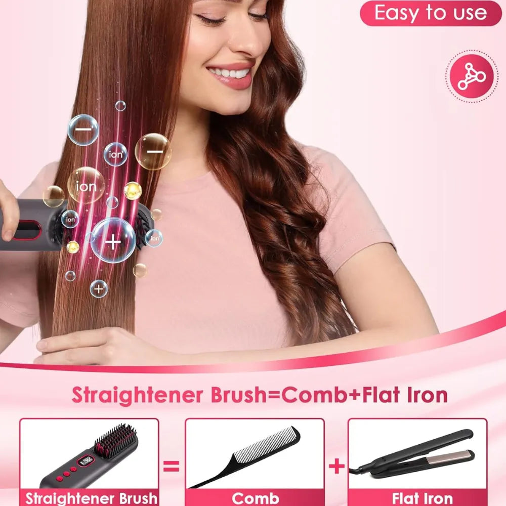 Portable Cordless Hair Straightener Brush, Plasma Ion Care, 25s Fast Heat, 11 Temp Settings, 9000mAh Rechargeable