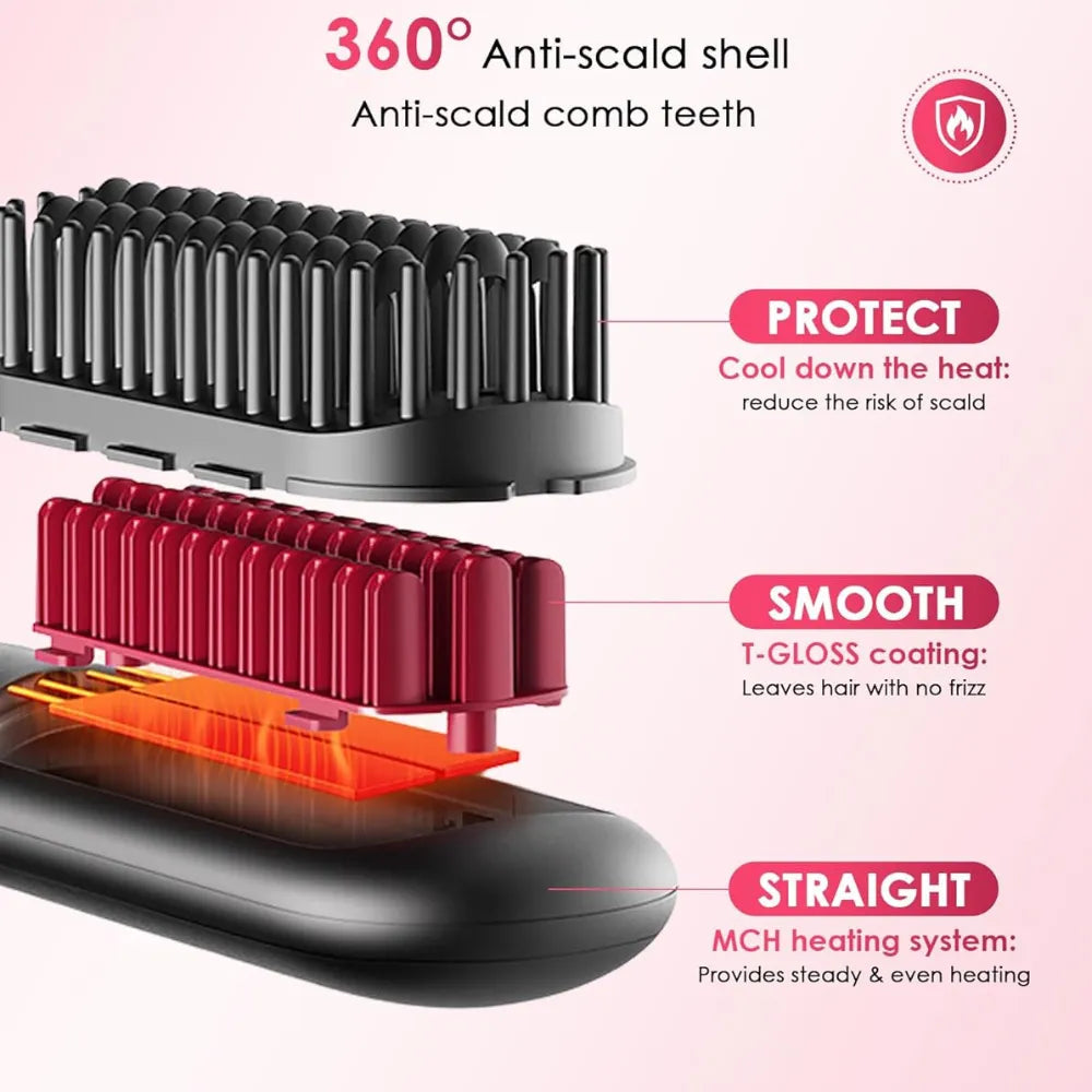Portable Cordless Hair Straightener Brush, Plasma Ion Care, 25s Fast Heat, 11 Temp Settings, 9000mAh Rechargeable