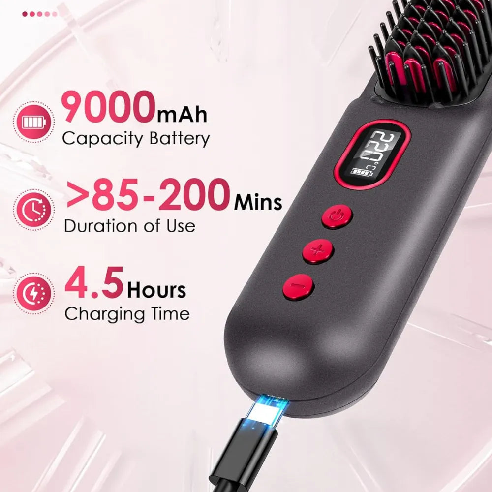 Portable Cordless Hair Straightener Brush, Plasma Ion Care, 25s Fast Heat, 11 Temp Settings, 9000mAh Rechargeable