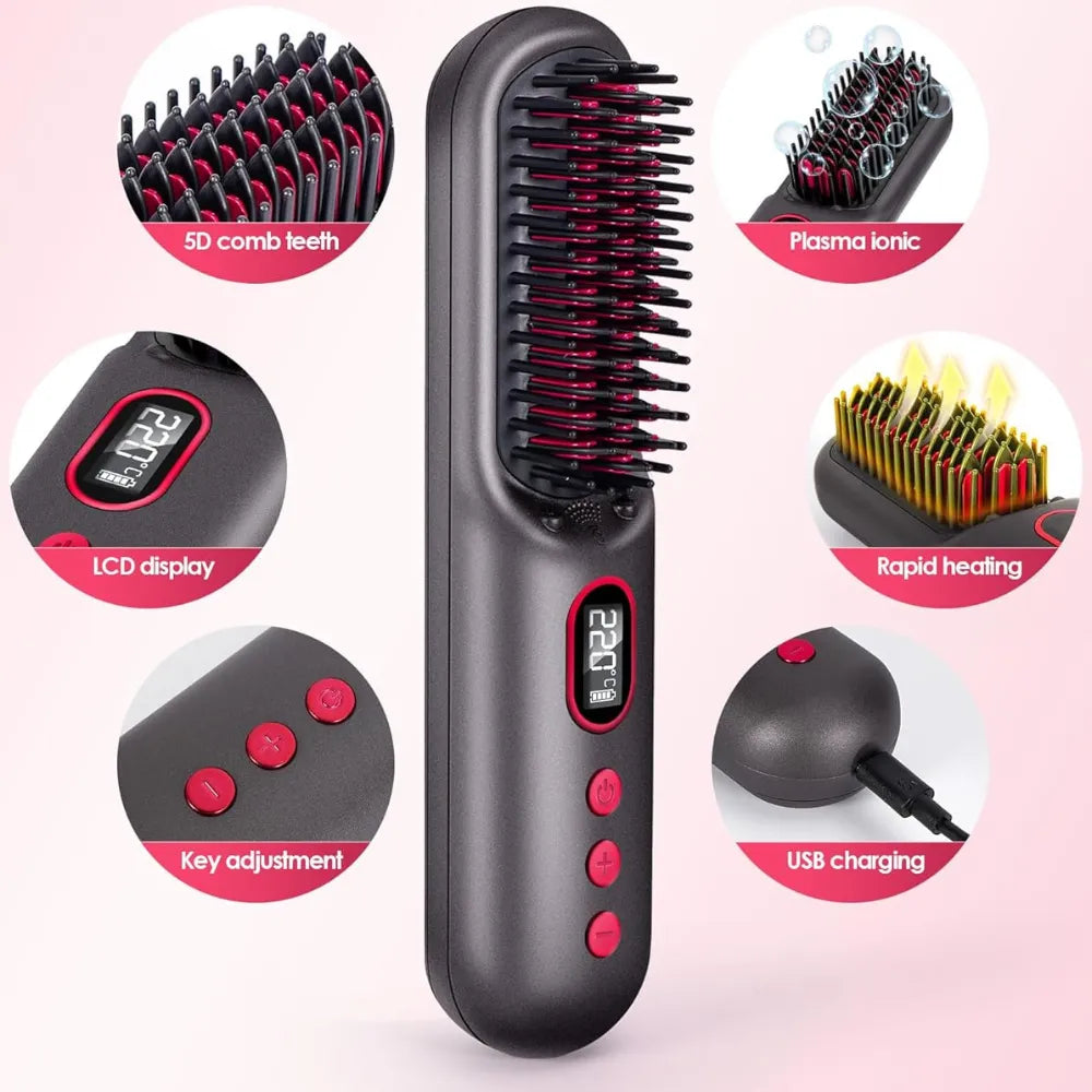 Portable Cordless Hair Straightener Brush, Plasma Ion Care, 25s Fast Heat, 11 Temp Settings, 9000mAh Rechargeable