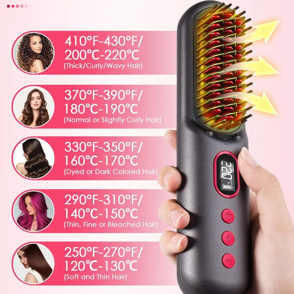 Portable Cordless Hair Straightener Brush, Plasma Ion Care, 25s Fast Heat, 11 Temp Settings, 9000mAh Rechargeable