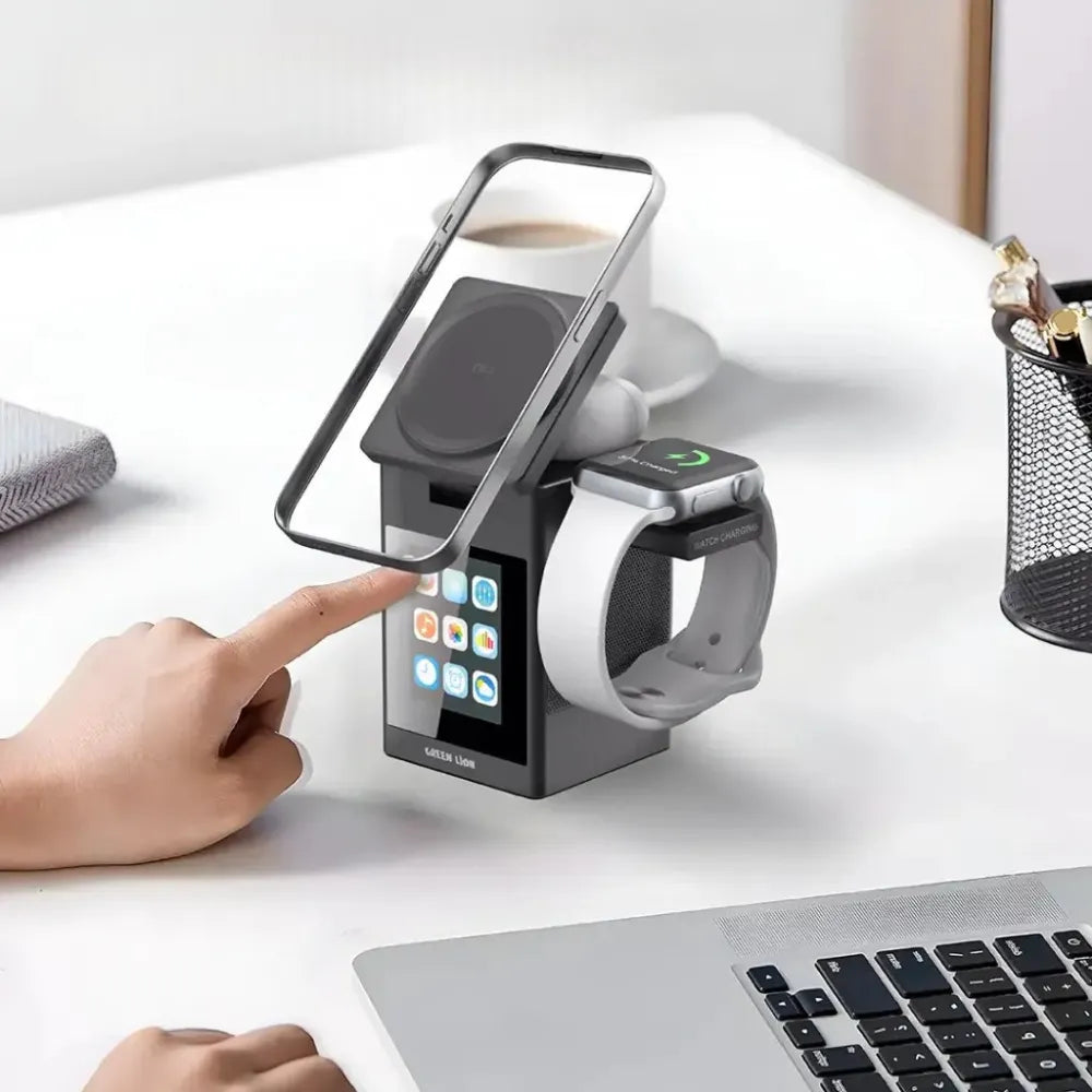 Green Lion Smart Station Pro, LCD Display Wireless Charger with Bluetooth Speaker, MagSafe, Alarm & TF Card Slot (Black)