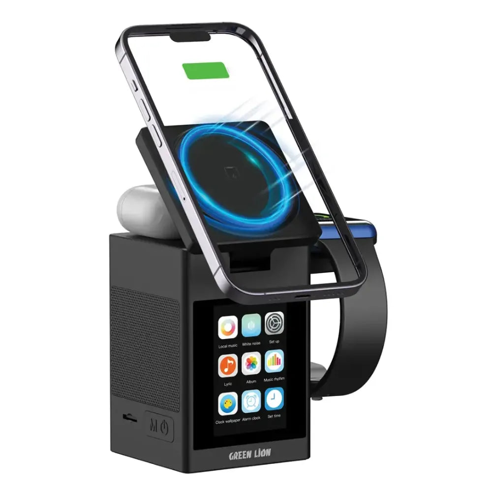 Green Lion Smart Station Pro, LCD Display Wireless Charger with Bluetooth Speaker, MagSafe, Alarm & TF Card Slot (Black)