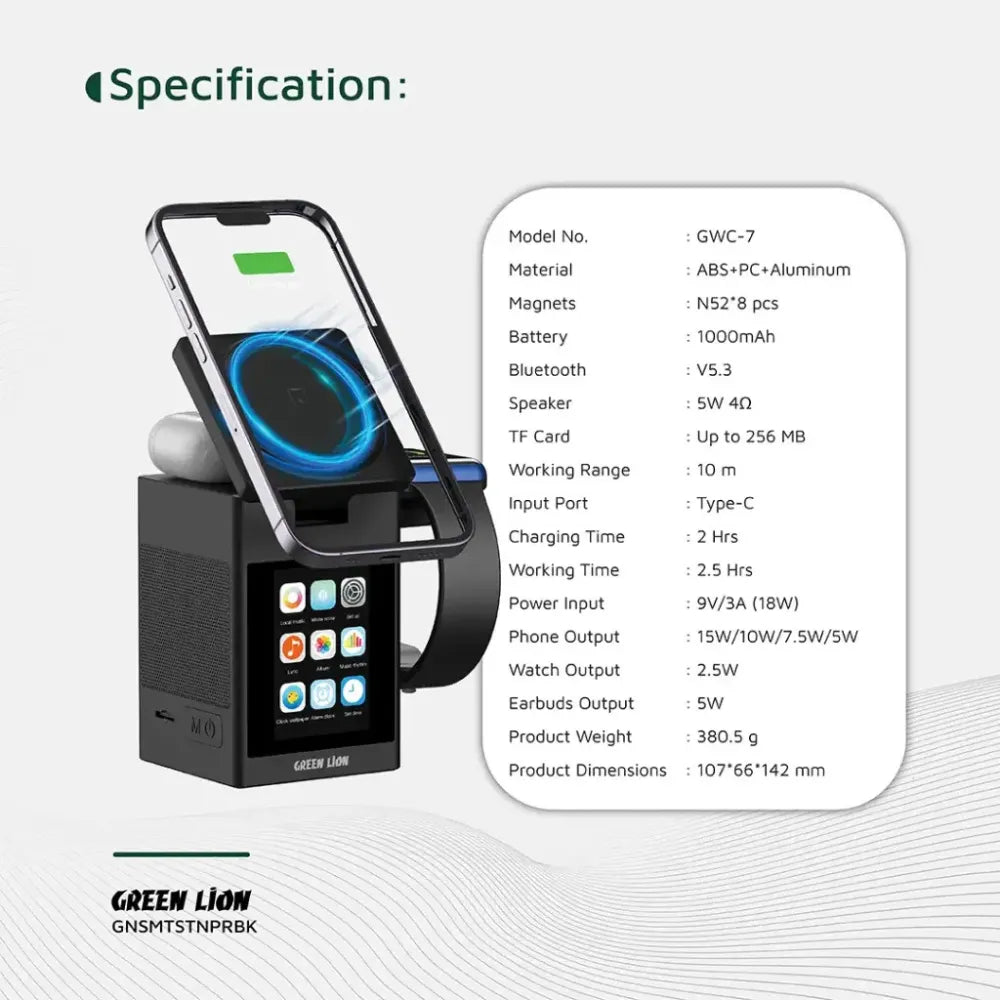 Green Lion Smart Station Pro, LCD Display Wireless Charger with Bluetooth Speaker, MagSafe, Alarm & TF Card Slot (Black)