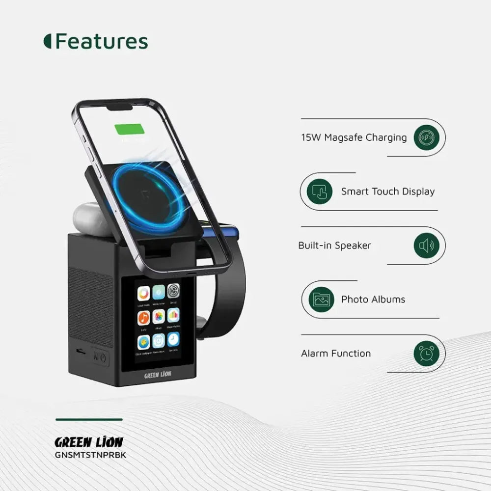 Green Lion Smart Station Pro, LCD Display Wireless Charger with Bluetooth Speaker, MagSafe, Alarm & TF Card Slot (Black)