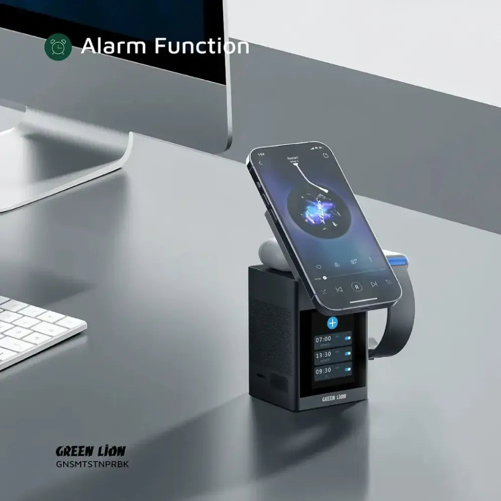 Green Lion Smart Station Pro, LCD Display Wireless Charger with Bluetooth Speaker, MagSafe, Alarm & TF Card Slot (Black)