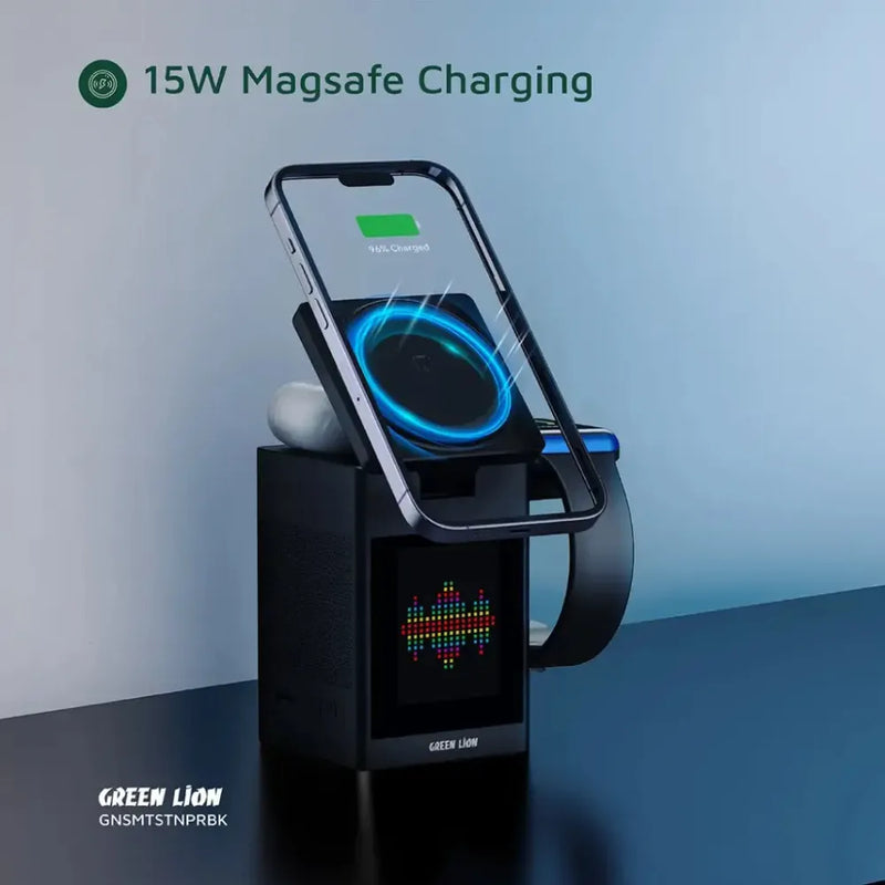 Green Lion Smart Station Pro, LCD Display Wireless Charger with Bluetooth Speaker, MagSafe, Alarm & TF Card Slot (Black)