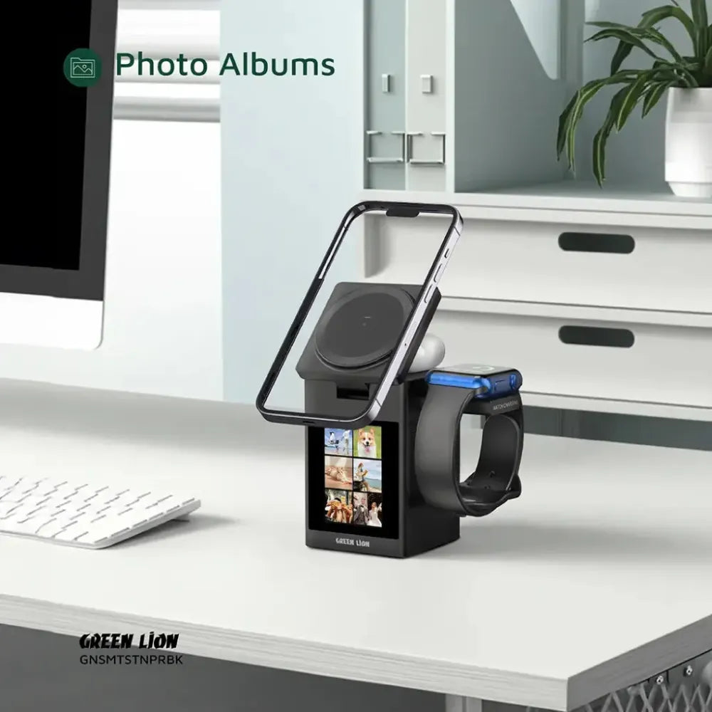 Green Lion Smart Station Pro, LCD Display Wireless Charger with Bluetooth Speaker, MagSafe, Alarm & TF Card Slot (Black)