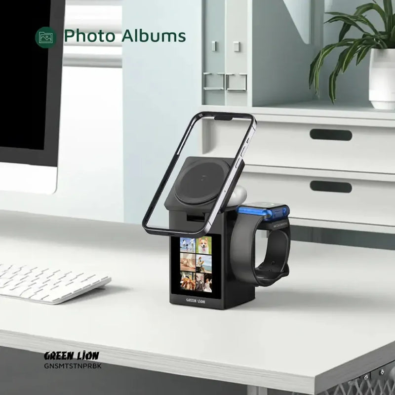 Green Lion Smart Station Pro, LCD Display Wireless Charger with Bluetooth Speaker, MagSafe, Alarm & TF Card Slot (Black)