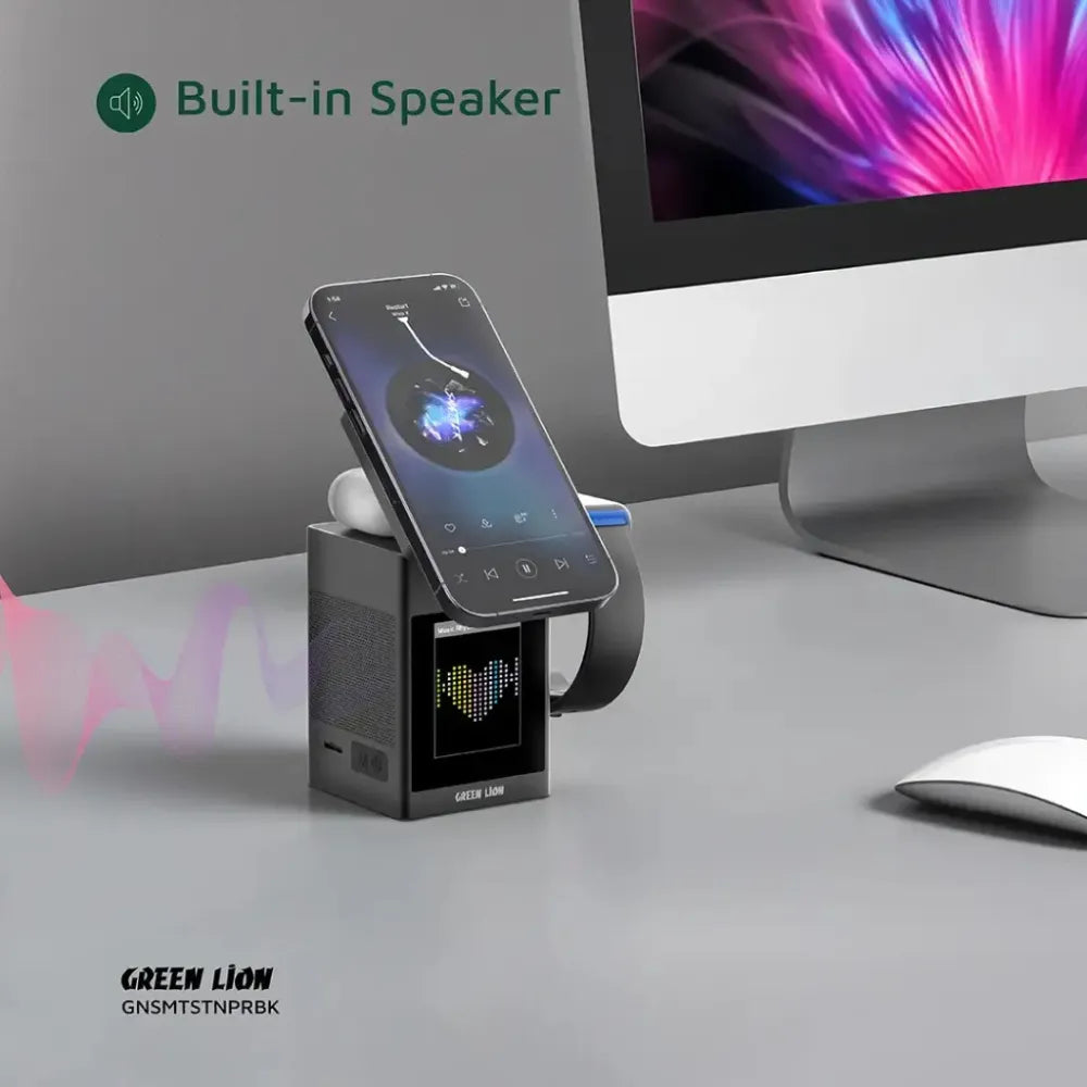 Green Lion Smart Station Pro, LCD Display Wireless Charger with Bluetooth Speaker, MagSafe, Alarm & TF Card Slot (Black)