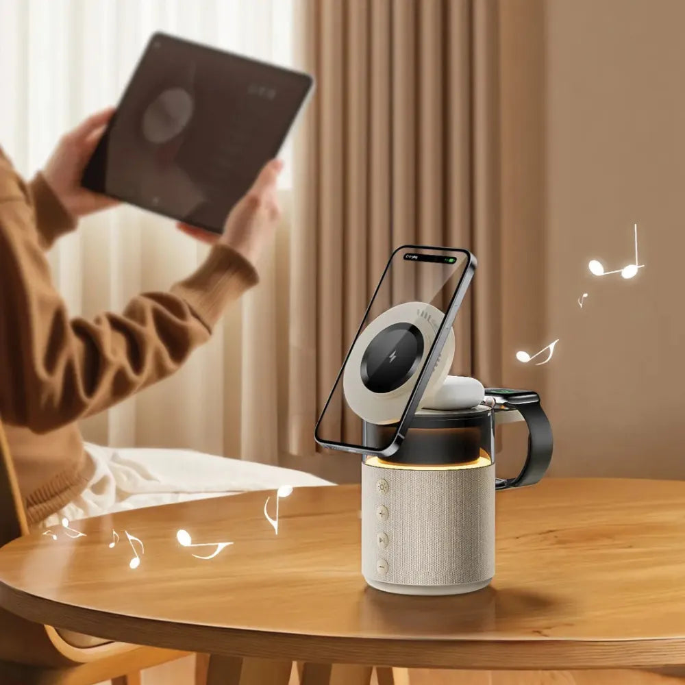 Green Lion 5-in-1 Wireless Charger with Bluetooth Speaker, MagSafe Compatible, 360° Adjustable, Ambient Light, 5H Playtime