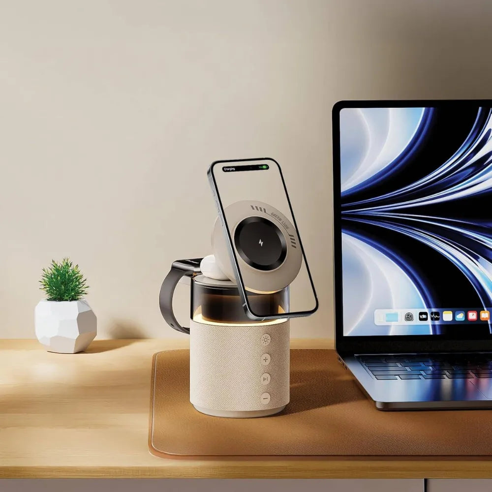 Green Lion 5-in-1 Wireless Charger with Bluetooth Speaker, MagSafe Compatible, 360° Adjustable, Ambient Light, 5H Playtime