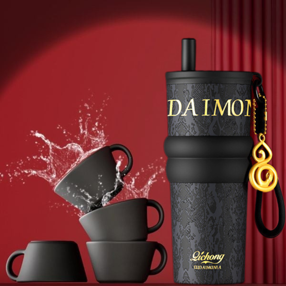 Qichong Tumbler 700mL Ceramic Liner Double-Wall Insulated with Straw Year of the Snake Limited Edition 2025 - Black