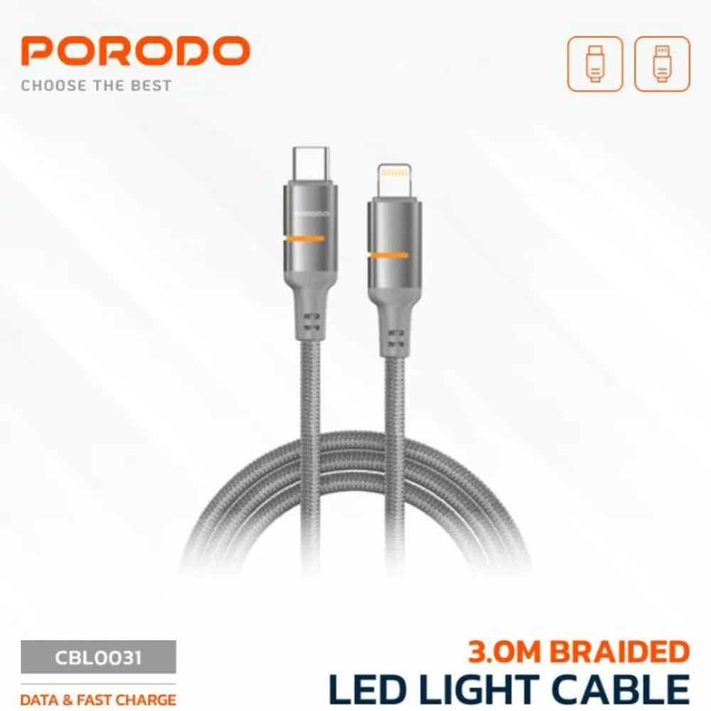 Porodo 30W USB-C to Lightning Braided Cable 3m Fast Charging & Data Transfer, Durable & Safe – Gray