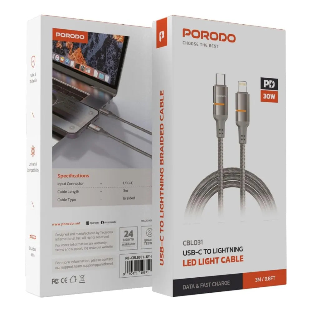 Porodo 30W USB-C to Lightning Braided Cable 3m Fast Charging & Data Transfer, Durable & Safe – Gray
