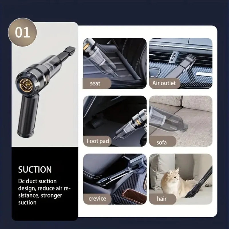 Brushless Motor Rechargeable Car Vacuum Cleaner Handheld Multifunction Suction & Blower with Accessories – Black