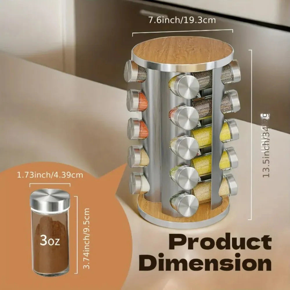 Stainless Steel Rotating Seasoning Rack 20 Jar Kitchen Spice Set Organizer 360° Multi-Layer Storage