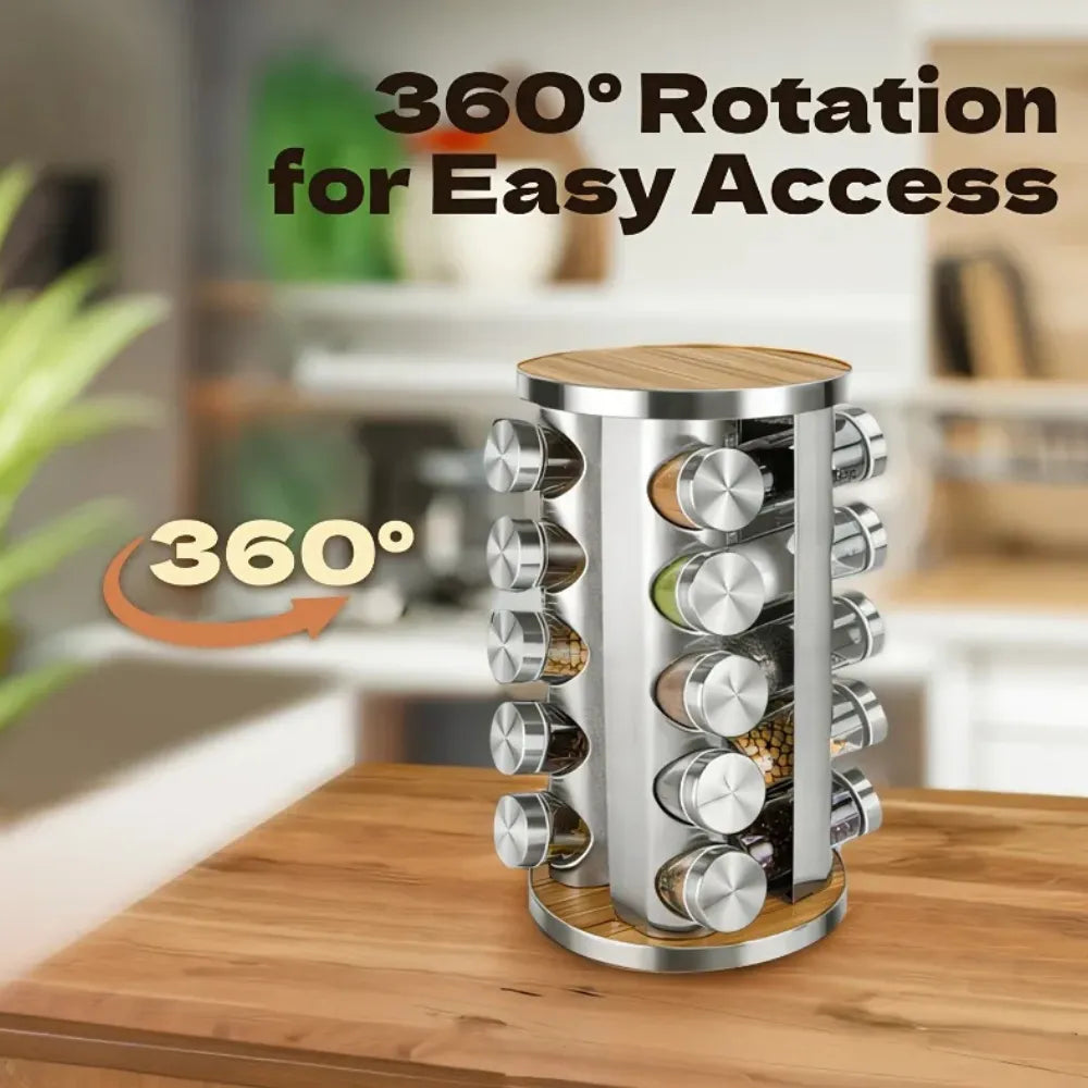Stainless Steel Rotating Seasoning Rack 20 Jar Kitchen Spice Set Organizer 360° Multi-Layer Storage