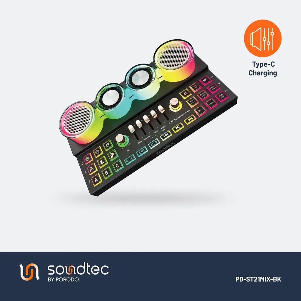 Porodo Soundtec Audiolink Multi-Platform Audio Mixer and Speaker 3600mAh Battery Capacity Type-C Rechargeable