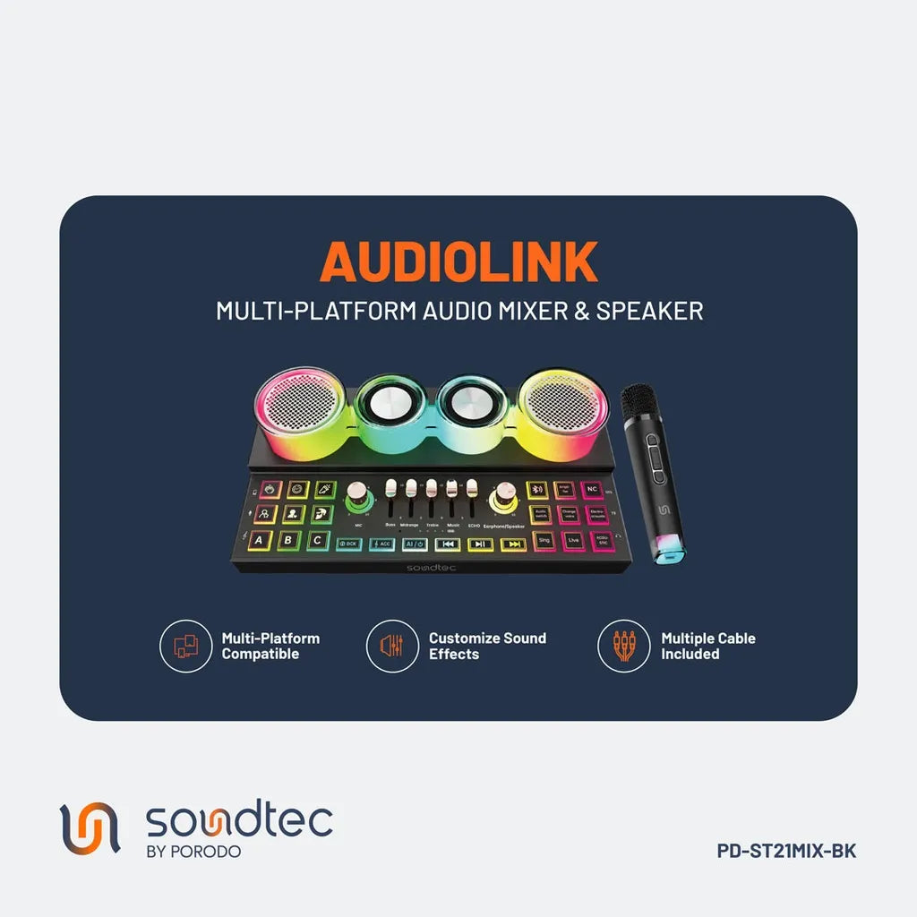 Porodo Soundtec Audiolink Multi-Platform Audio Mixer and Speaker 3600mAh Battery Capacity Type-C Rechargeable
