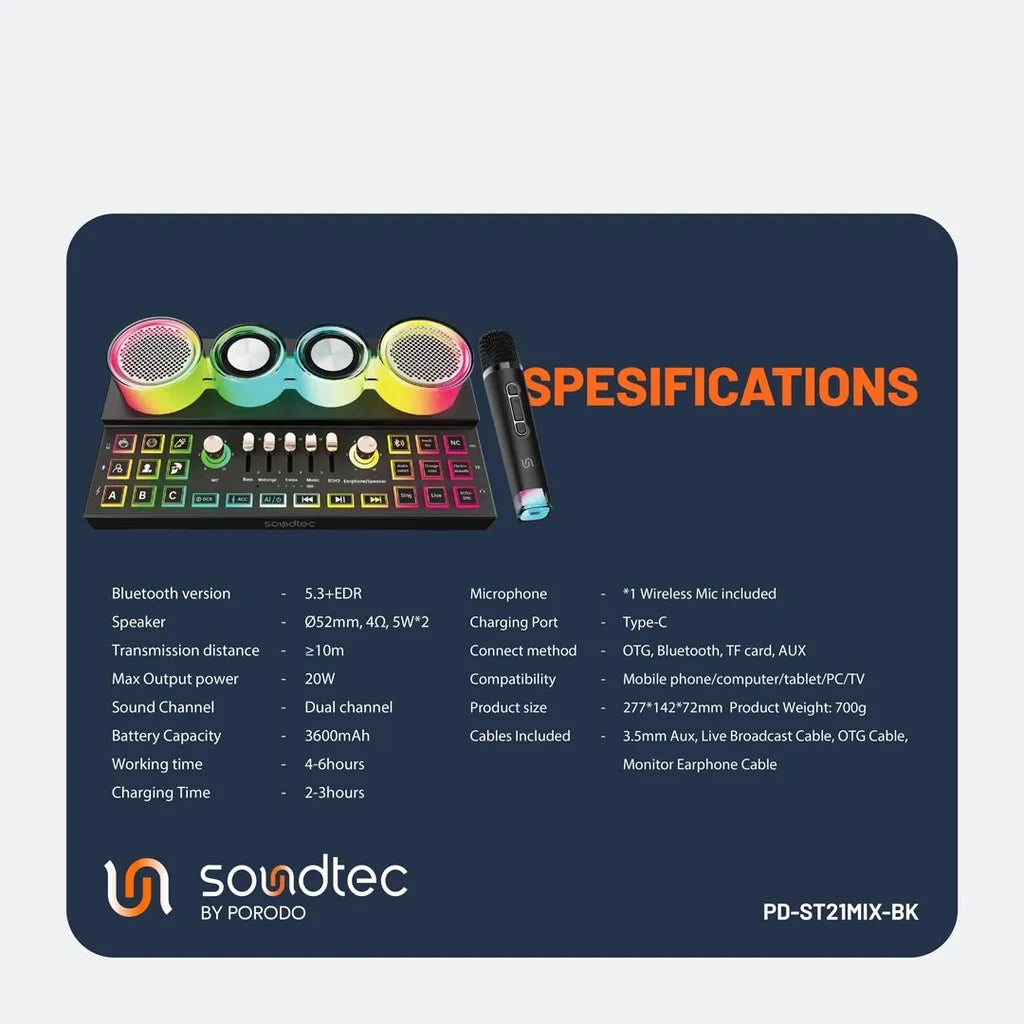 Porodo Soundtec Audiolink Multi-Platform Audio Mixer and Speaker 3600mAh Battery Capacity Type-C Rechargeable