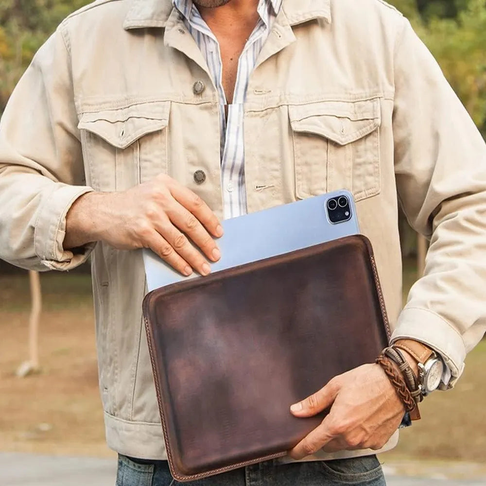 Contacts Family 11 Inch Slim Cow Genuine Leather Tablet Sleeve Case Cover - Coffee