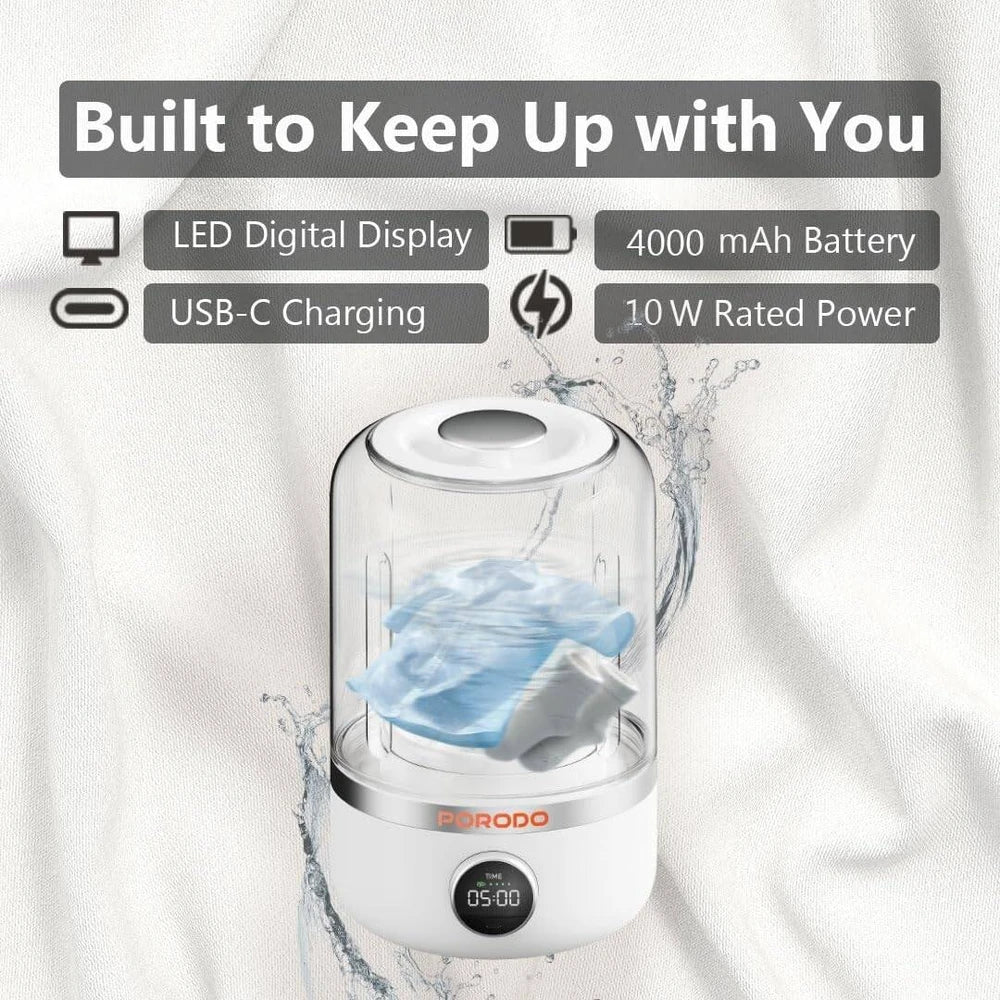 Porodo Lifestyle Mini Washing Machine 1.2L with 4000mAh Battery, Dual Wash Modes & USB-C Charging – White