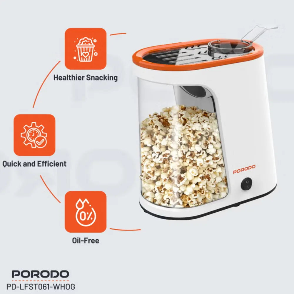 Porodo Lifestyle Popcorn Maker 1200W Oil-Free 60g Capacity Detachable Tank Fast 2-4 Min Popcorn Machine