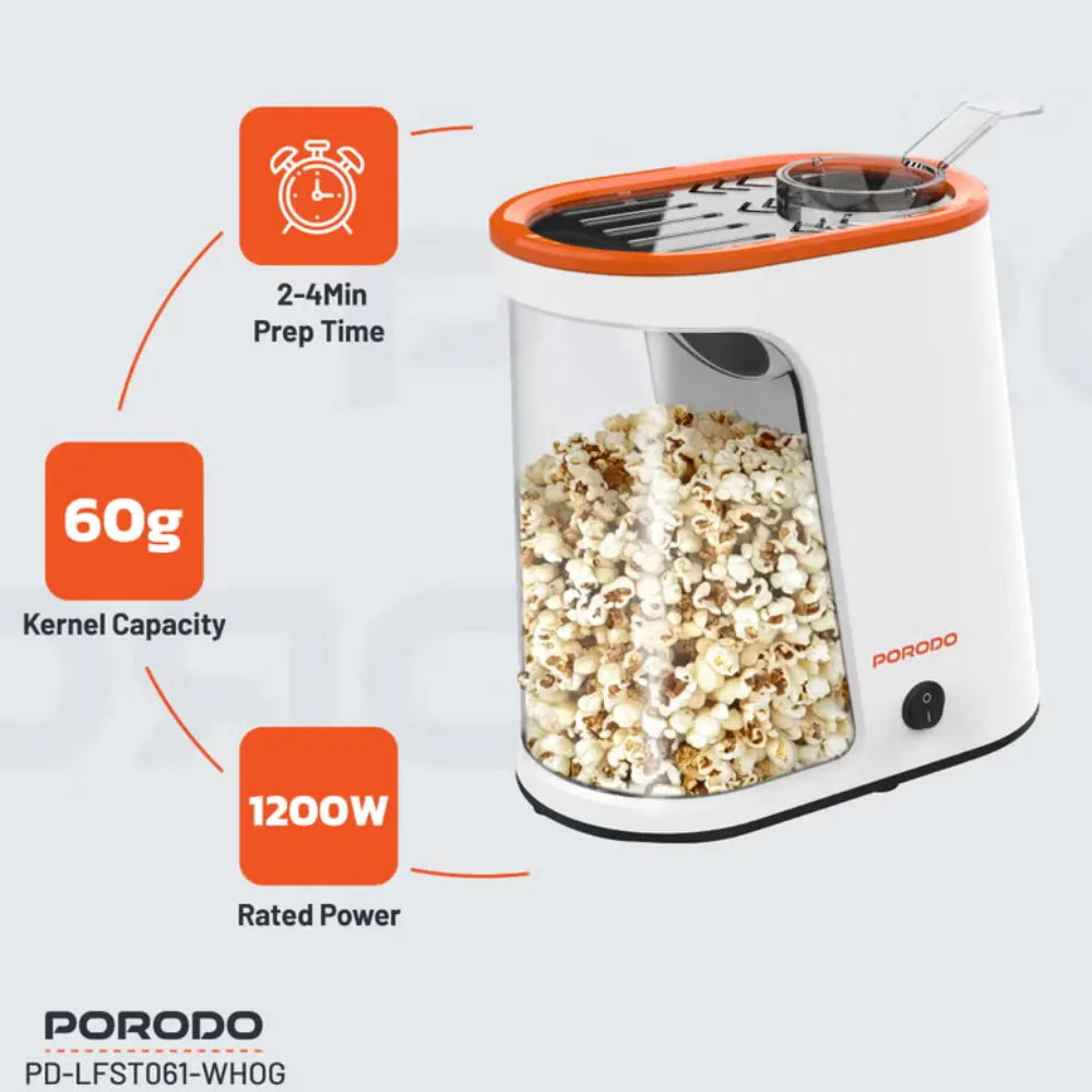 Porodo Lifestyle Popcorn Maker 1200W Oil-Free 60g Capacity Detachable Tank Fast 2-4 Min Popcorn Machine