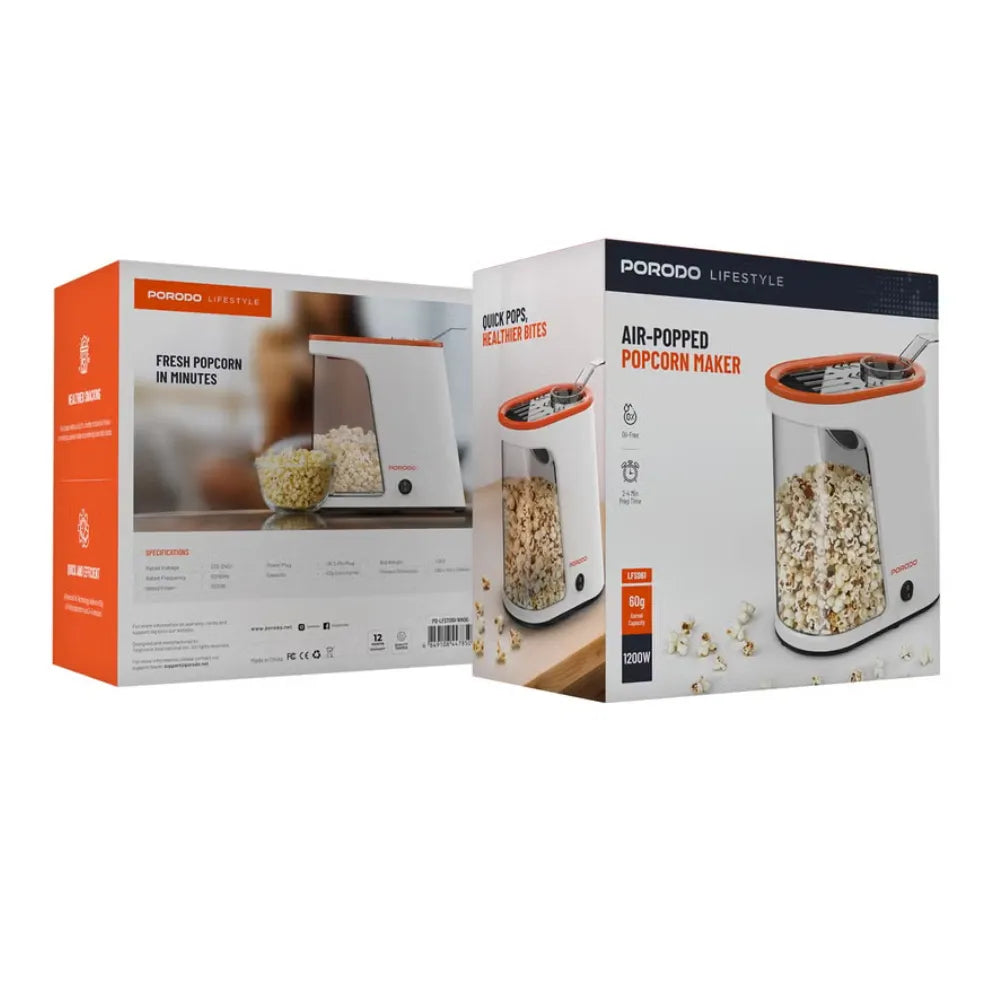 Porodo Lifestyle Popcorn Maker 1200W Oil-Free 60g Capacity Detachable Tank Fast 2-4 Min Popcorn Machine