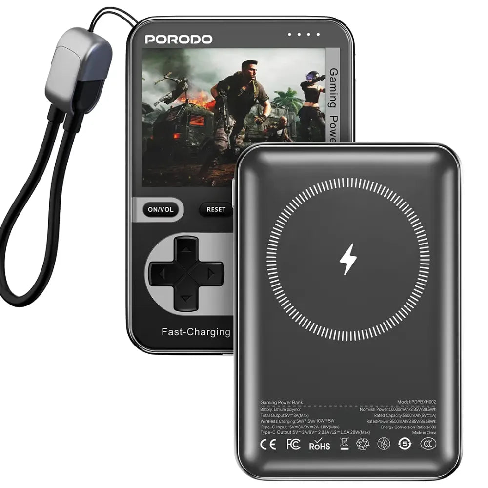 Porodo Arcadevolt 10000mAh MagSafe Power Bank with 2.8" Gaming Display 20W PD Fast Charging – Black