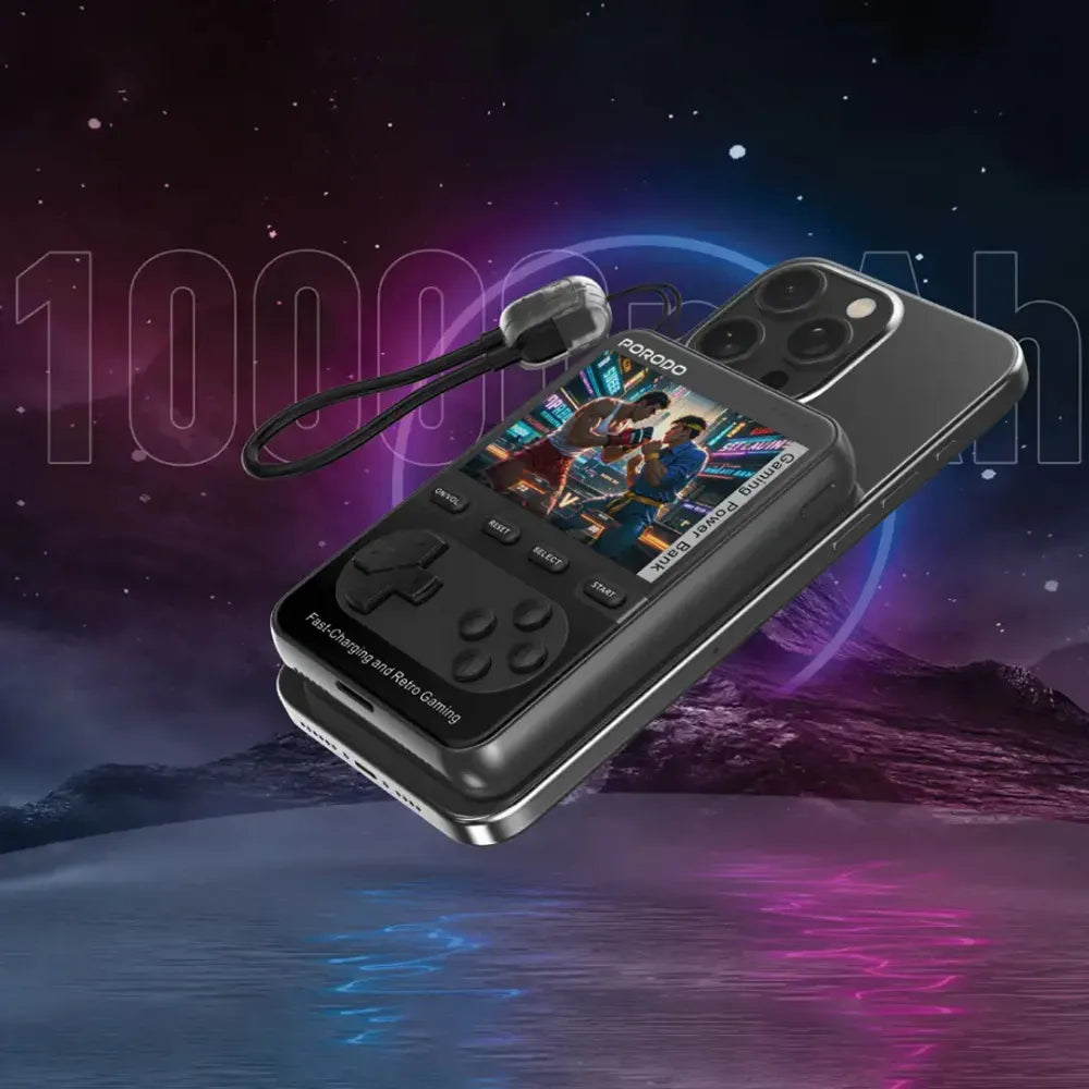 Porodo Arcadevolt 10000mAh MagSafe Power Bank with 2.8" Gaming Display 20W PD Fast Charging – Black