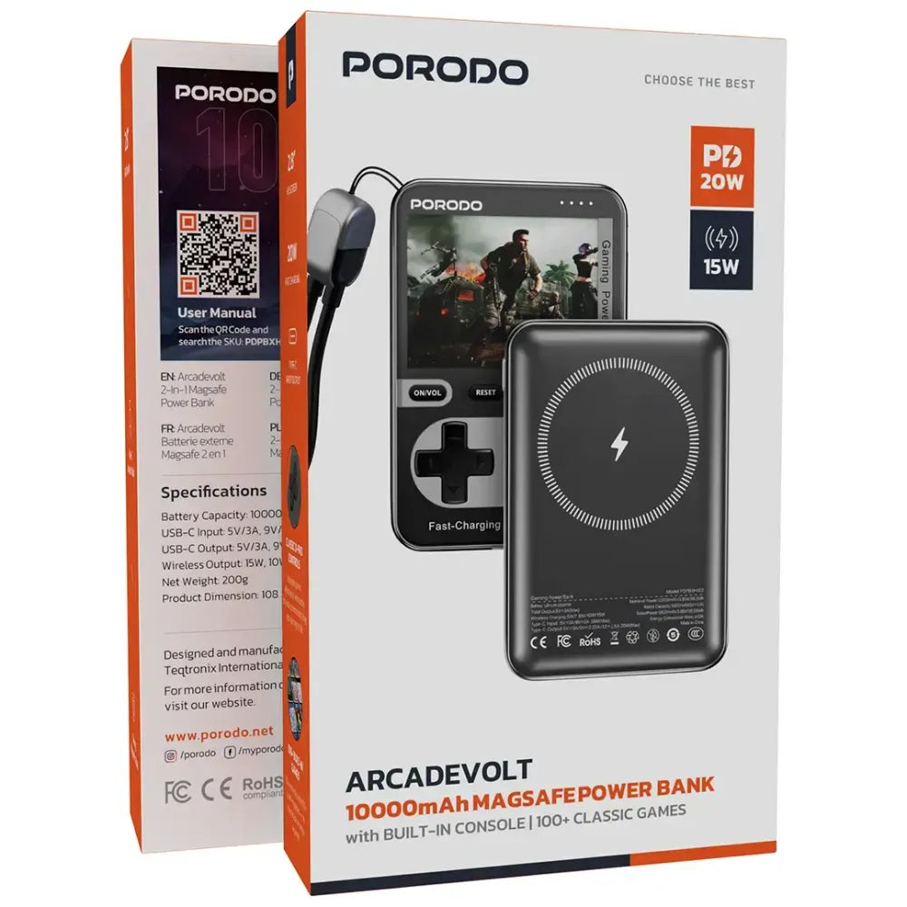 Porodo Arcadevolt 10000mAh MagSafe Power Bank with 2.8" Gaming Display 20W PD Fast Charging – Black