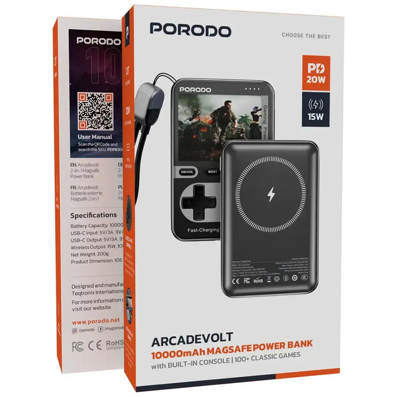 Porodo Arcadevolt 10000mAh MagSafe Power Bank with 2.8" Gaming Display 20W PD Fast Charging – Black