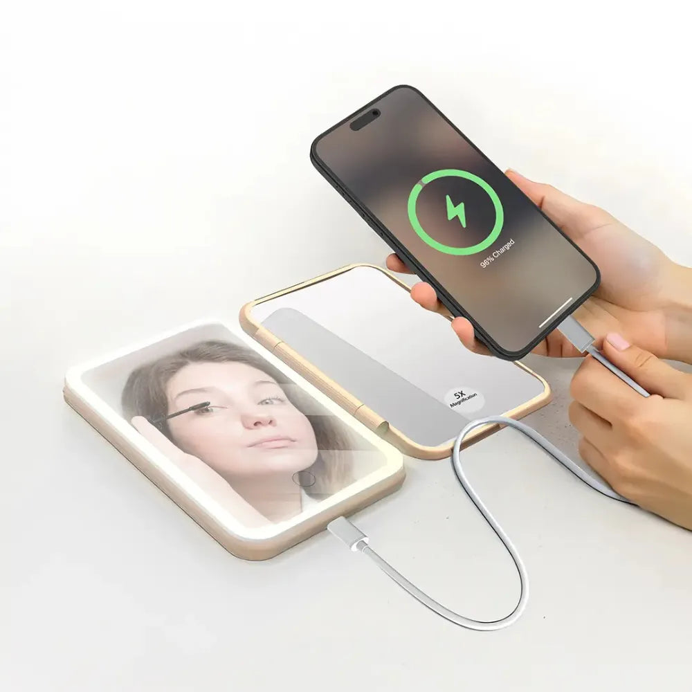 Porodo 5000mAh Power Bank Makeup Mirror with LED Light 1X/5X Magnification & USB-C Charging