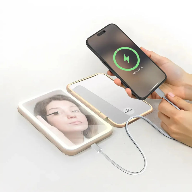 Porodo 5000mAh Power Bank Makeup Mirror with LED Light 1X/5X Magnification & USB-C Charging