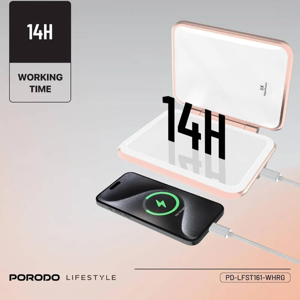 Porodo 5000mAh Power Bank Makeup Mirror with LED Light 1X/5X Magnification & USB-C Charging
