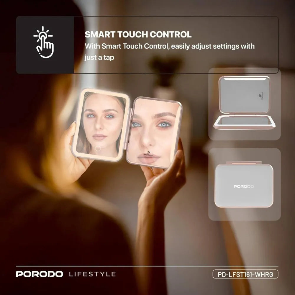 Porodo 5000mAh Power Bank Makeup Mirror with LED Light 1X/5X Magnification & USB-C Charging