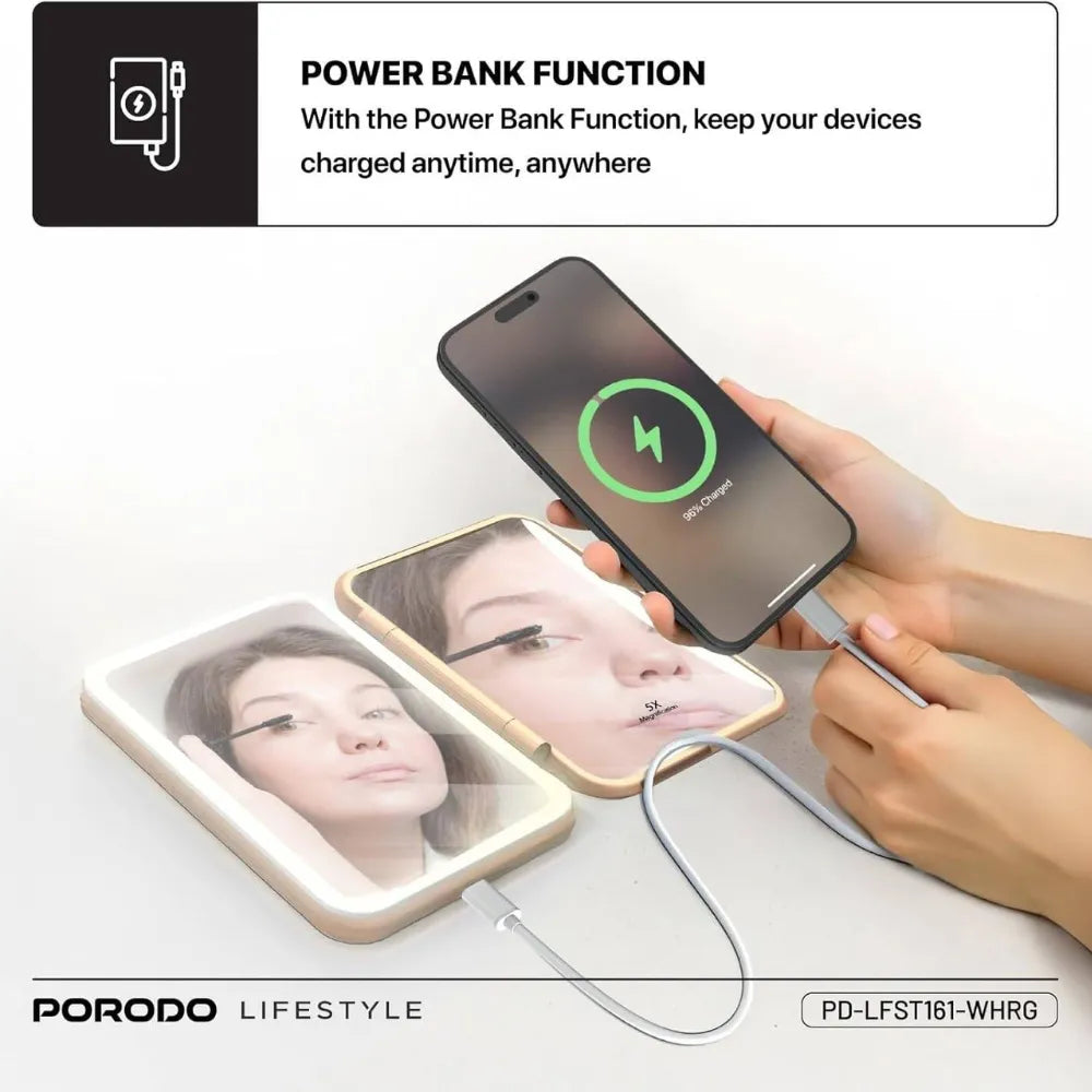 Porodo 5000mAh Power Bank Makeup Mirror with LED Light 1X/5X Magnification & USB-C Charging