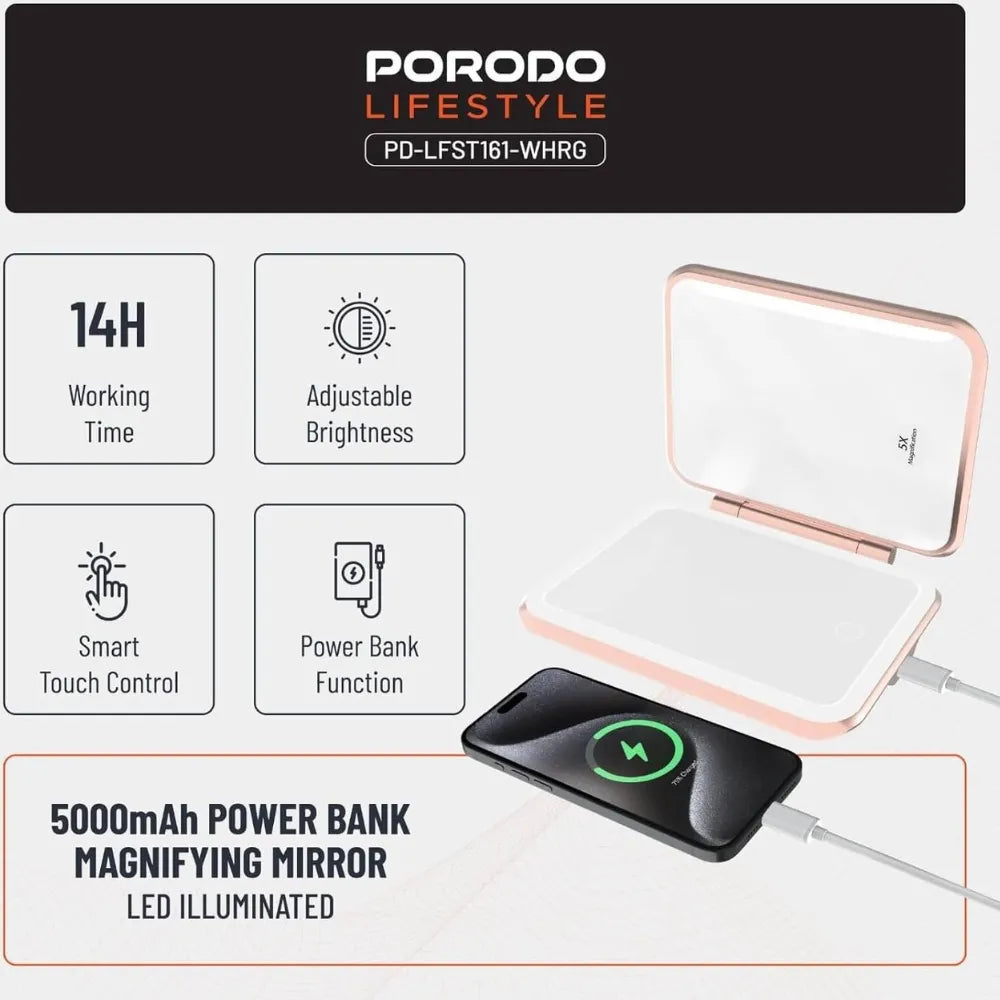 Porodo 5000mAh Power Bank Makeup Mirror with LED Light 1X/5X Magnification & USB-C Charging