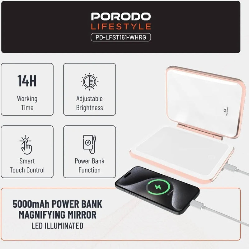 Porodo 5000mAh Power Bank Makeup Mirror with LED Light 1X/5X Magnification & USB-C Charging