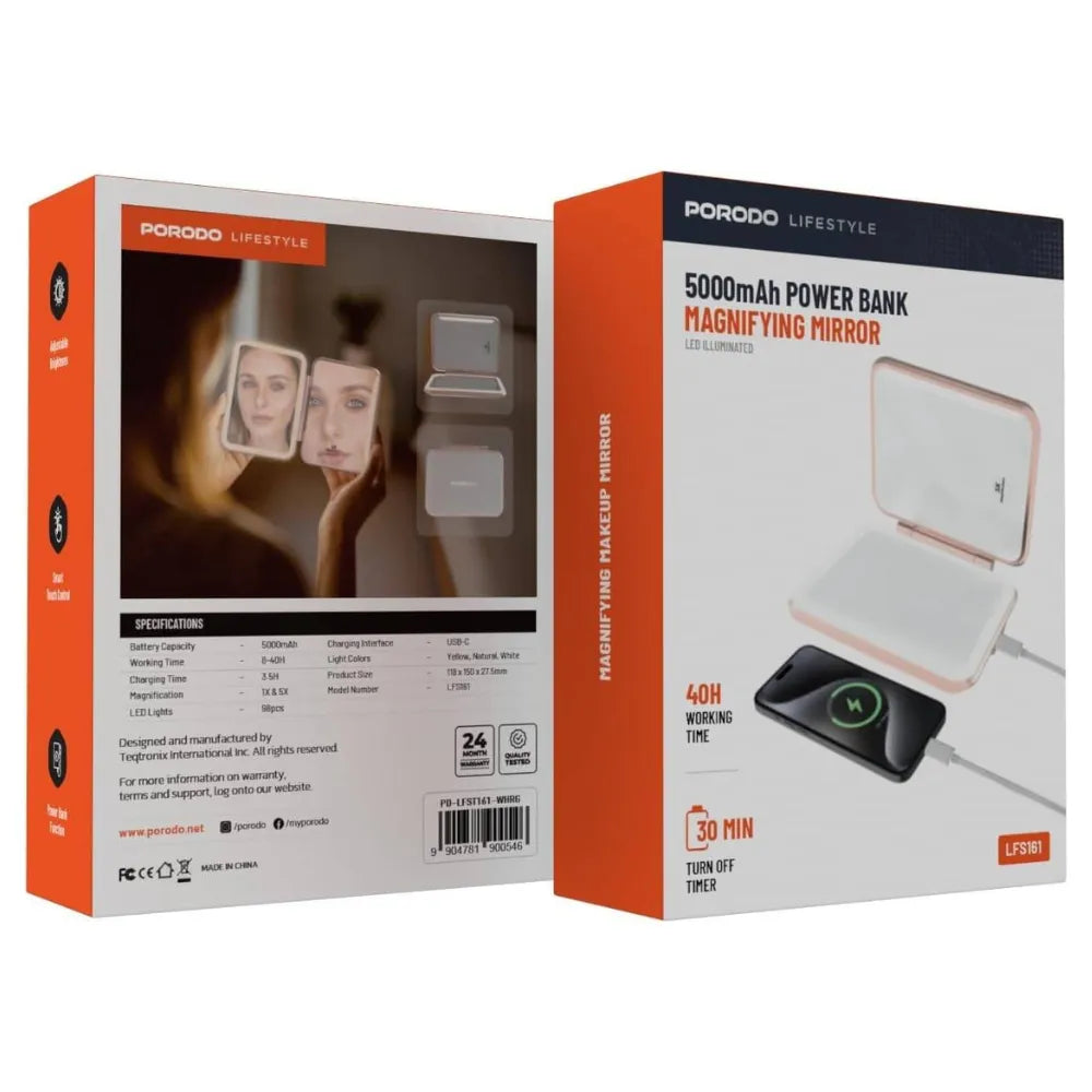 Porodo 5000mAh Power Bank Makeup Mirror with LED Light 1X/5X Magnification & USB-C Charging