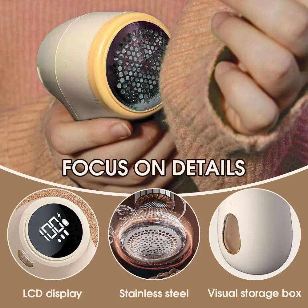 Fabric Shaver Lint Remover, Rechargeable 3-Speed Sweater Defuzzer with LED Display, 6-Leaf Blades & Safety Lock