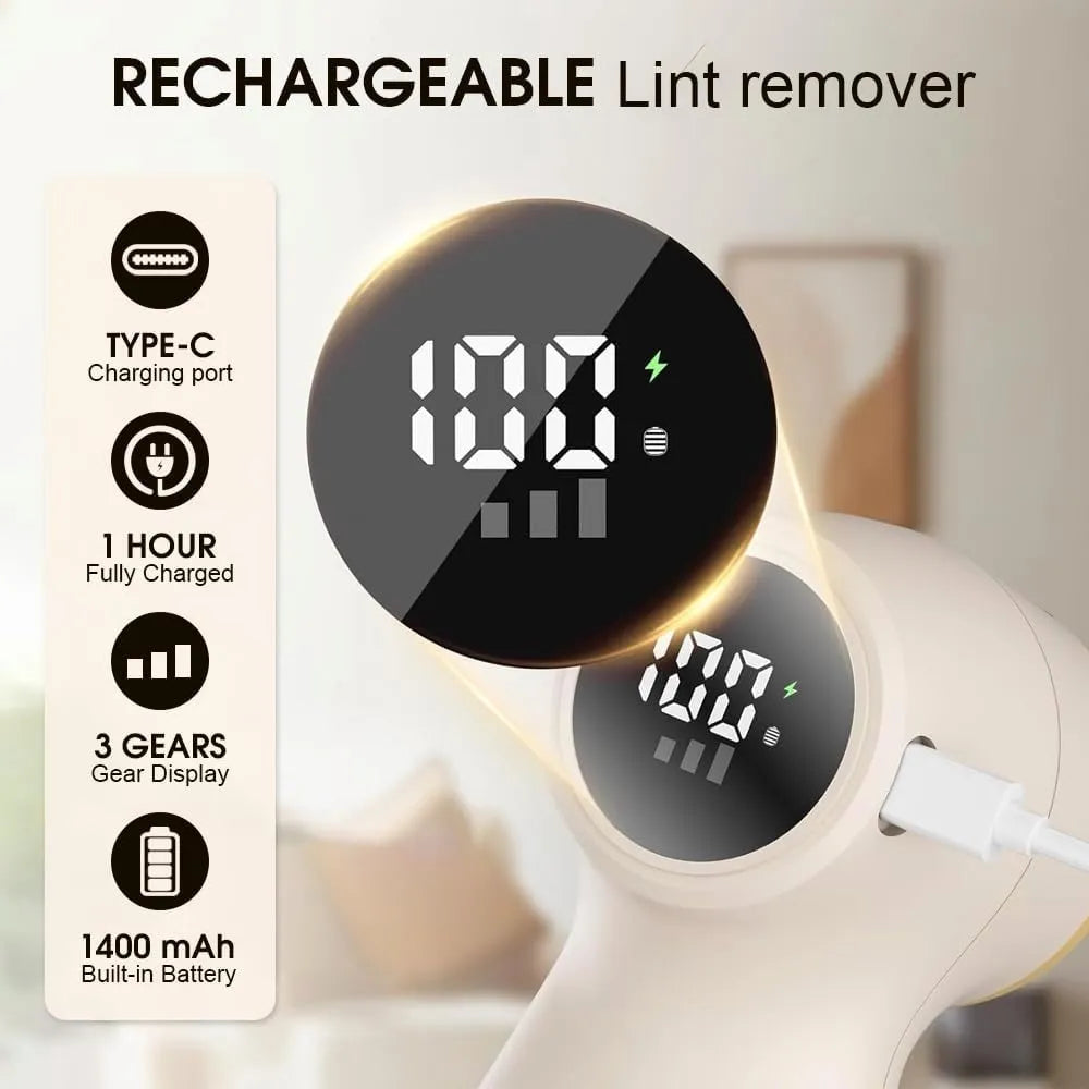Fabric Shaver Lint Remover, Rechargeable 3-Speed Sweater Defuzzer with LED Display, 6-Leaf Blades & Safety Lock