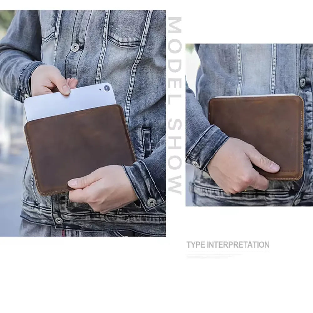 Contacts Family 11 Inch Slim Cow Genuine Leather Tablet Sleeve Case Cover - Coffee