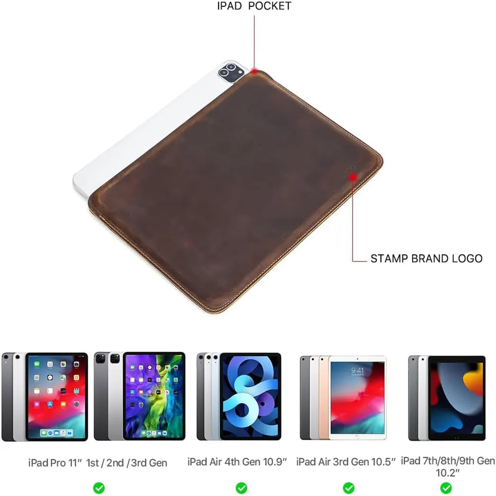 Contacts Family 11 Inch Slim Cow Genuine Leather Tablet Sleeve Case Cover - Coffee